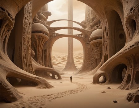 alien-themed The intricate network of passageways within the colossal sand structures formed a labyrinthine tapestry of memories, each curve and arch whispering tales of a civilization long since vanished into the ether . extraterrestrial, cosmic, otherworldly, mysterious, sci-fi, highly detailed, b3ks1n