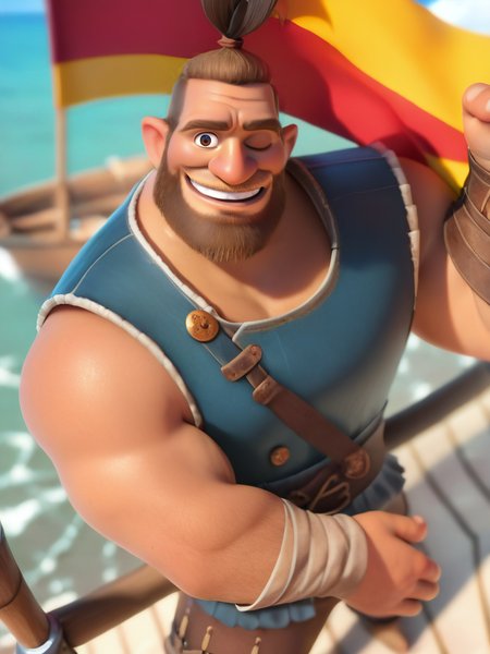 score_9, score_8_up, score_7_up, score_6_up, muscular male holding a big canon gun with both arms, pirate, sea, boat, flag, sky ,looking at looking at viewer, smile, cute, cartoon, wooden builds, cowboy shot, dynamic angle, epic pose, from above, one eye closed, beard, 
 <lora:DisneyStudios_style:1> DisneyStyleXLP