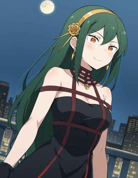 score_9, score_8_up, score_7_up, source_anime, <lora:crusch-karsten-s3-p1-ponyxl-lora-nochekaiser:1>, crusch karsten, long hair, hair between eyes, green hair, orange eyes, medium breasts,, <lora:yor-briar-cosplay-ponyxl-lora-nochekaiser:1>, yorbriarcosplay, yor briar (cosplay), bare shoulders, black dress, black gloves, cleavage, dress, earrings, gloves, gold earrings, hair ornament, hair band, jewelry, bare shoulders, collarbone, fingerless gloves, thighhighs, black thighhighs,, cityscape, night, moon, blush, smile, , dutch angle, cowboy shot
