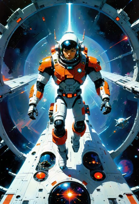 John Berkey Style, best quality, masterpiece,  spaceship to infinity, zero gee, highly detailed,  action pose, motes, neon, volumetric lighting, symmetry, cosmos, stars <lora:John Berkey Style:1>  <lora:xl_more_art-full_v1:0.8>