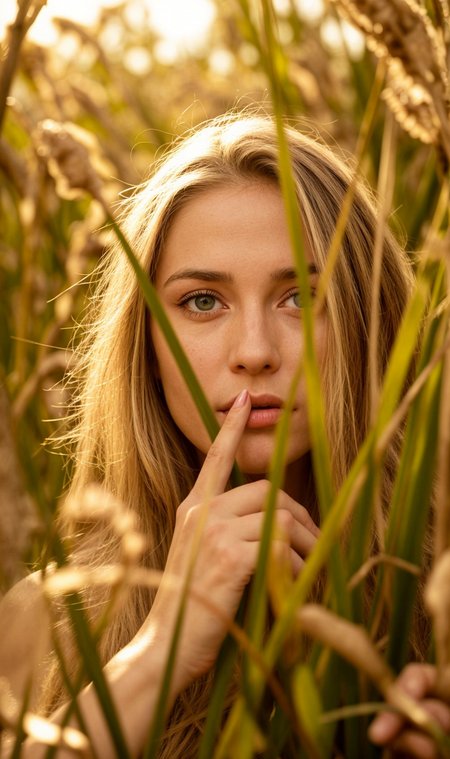 A photo of a blonde woman hiding in the high gras, in her 20s. she has long hair, warm sunlight shines through the blades and reflects perfectly in her eyes,

stunning blue eyes,