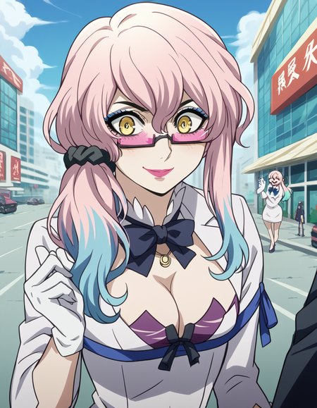 score_9, score_8_up, score_7_up, source_anime, <lora:akudama-doctor-s1-ponyxl-lora-nochekaiser:1>, doctor, long hair, bangs, hair between eyes, yellow eyes, pink hair, glasses, makeup, lipstick, multicolored hair, gradient hair, scrunchie, blue hair,, <lora:hestia-cosplay-ponyxl-lora-nochekaiser:1>, hestiacosplay, hestia (danmachi) (cosplay), blue bow, blue bowtie, bow, bowtie, cleavage, cleavage cutout, clothing cutout, dress, gloves, pencil dress, rei no himo, short dress, white dress, white gloves, blue ribbon, arm ribbon,, outdoors, cityscape, street, smile, blush, , cowboy shot, dutch angle