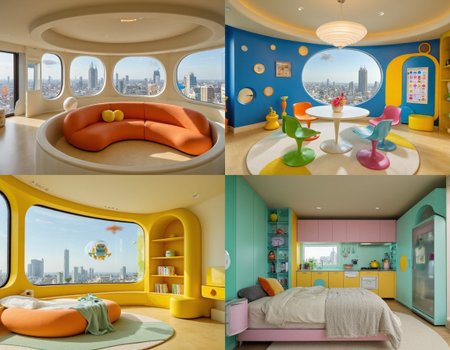 This set of four images captures a playful and retro-futuristic home inspired by the Jetsons, featuring bold colors and 70s-style furniture; [IMAGE1] showcases a circular living room with a sunken seating area, a bubble-shaped sofa in bright orange, and large windows revealing floating cityscapes in the sky; [IMAGE2] highlights a dining area with a round table, colorful tulip chairs, and a floating pendant lamp with a retro design, set against a bright blue wall with circular cutouts; [IMAGE3] displays a bedroom with a floating bed, a built-in console with glowing buttons, and a curved bookshelf in a vibrant yellow; [IMAGE4] shows a quirky kitchen with rounded cabinets, a hovering robot assistant, and a transparent refrigerator filled with colorful items, completing the futuristic, mid-century modern vibe