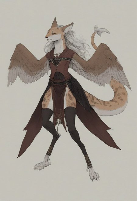 [creature name: Palagiri]
1 person, harpy, ((no arms, wings only)):1.6, androgynous, flat chest, no breasts, anthro, ((long hair)), ((long toes, nimble toes, handfeet)):1.4,, dynamic pose, detailed face, fully clothed, pelvic curtain skirt, feline features, feline nose, feline ears, ((thick tail, tapering tail, feather tipped tail)), harpy:1.2, large wings, digitigrade legs, rating: safe