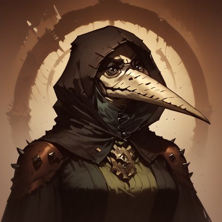score_9, score_8_up, score_7_up, masterpiece, best quality, newest, absurdres, highres, DDstyle, official style, 1girl DDPD-V1.1, plague doctor mask, mask, armor, shoulder pads,
