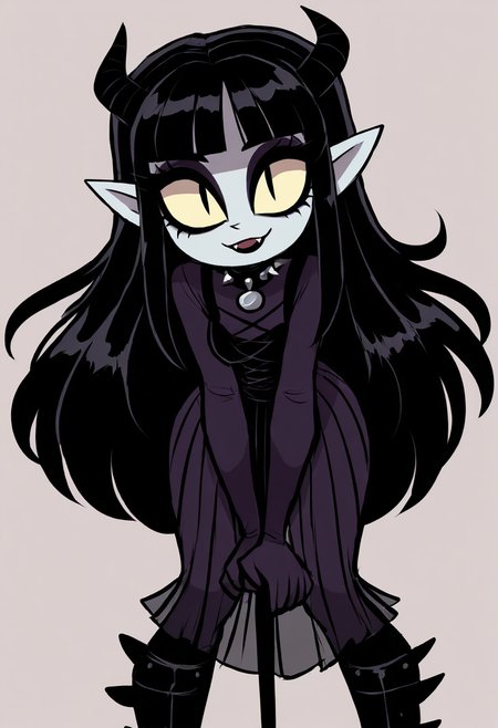 (masterpiece, best quality, good quality, very aesthetic, absurdres, newest:1.2),    1girl, solo, eyelashes, (beautiful eyes),   1girl, solo, long hair, black hair, purple and black hair, looking at viewer, horns, pointy ears, bangs, blunt bangs, slit pupils, yellow sclera, grey skin, makeup, eyeshadow, black lips, purple dress, black boots, knee boots, spikes, spiked collar, gothic,    ,      <lora:VampieNAI:0.8>,  leaning forward, head tilt, heart, smile,   <lora:ZankuroStyle_NAI:1.0>,