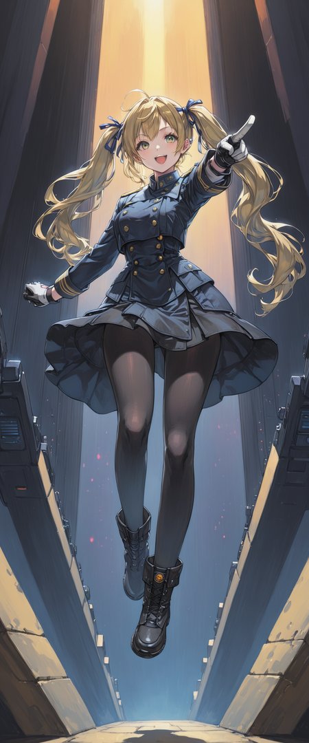 <lora:yukihiro_kajimoto_so2r_xl:0.8> <lora:IOS_Iridescent_opal_style:0.6> 1girl, welch, ;d, 1girl, black_legwear, blonde_hair, boots, gloves, hair_ribbon, long_hair, long_sleeves, looking_at_viewer, military, military_uniform, pantyhose, pointing, ribbon, skirt, twintails, uniform, [1990s \(style\):cyberpunk edgerunners:0.5], [lens flare:opal:06], intricate detail, cinematic lighting, amazing quality, amazing shading, ((masterpiece, best quality)), dynamic pose, (from below), full body, (thigh gap), yurihiro kajimoto