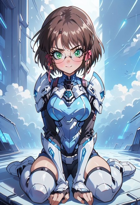 score_9, score_8_up, score_7_up, source_anime 1girl, true blue kaya, futuristic warrior girl, feminine,  short hair, brown hair, hair ribbon, bangs, looking at viewer, green eyes, glasses, blush,  smile, silver armor, silver tech, SilverPulse, sitting on floor, bent knees, defiant pose, futuristic background, neonpunk, <lora:Kaya_-_ã«ã¤_TRUE_BLUE_Gaiden_for_Pony:1>, rating_questionable