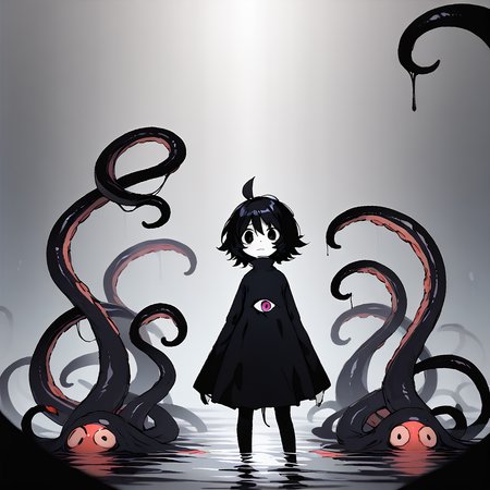 <lora:Mammon:1> 1girl, solo, black hair, ahoge, short hair, long sleeves, tentacles, black eyes, white skin, colored skin, black dress