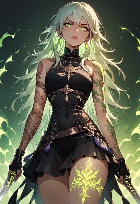 safe_pos, score_9, score_8_up, score_8_up,NLSTN, dark, 1girl, byleth (fire emblem) solo,  long hair,earrings, jewelry, green glowing eyes, bare shoulders, white hair, green glowing tattoos, Nordic tattoo, ((arms tattooed)), tattoos, sexy pose, ((body tattoos)), cowboy shot, holding sword in one hand, fingerless gloves, skirt, Lower body focus, ((thighs tattooed)),