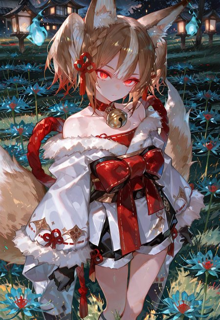 masterpiece, best quality, amazing quality, very aesthetic, absurdres, newest, highres, 4k,8k,Ultra HD, extremely detailed,
soft focus,
1girl, sekka
red eyes, multicolored hair, (brown hair:1.1), gradient color hair, red hair, animal ears, gloves, bell, streaked hair, black gloves, (white hair:0.9), off shoulder, neck bell, fur trim, twintails, wide sleeves, japanese clothes, black footwear, animal ear fluff, braid, bare shoulders, long sleeves, ribbon, fox ears, bangs, socks,  black socks, collar, bow, hair ornament, shorts, kimono, red bow, red ribbon, collarbone, fox girl, hair ribbon, sandals, geta, jingle bell, sash,
close up, nine fox tails on back,
night, midnight,
grass field in front with spotlight,
blue Spider Lily field in (distanced background:1.1) with shadow,
spirit lighting, dramatic shadows,
standing, (big eyes:1.2), glowing eyes, wide opened eyes, no expression, closed mouth,
looking at viewer, facing viewer, (front view:1.5), cowboy shot,
748cmstyle, svstyle, usnr, luminescent color,
((Detailed)), ((Detailed eyes))