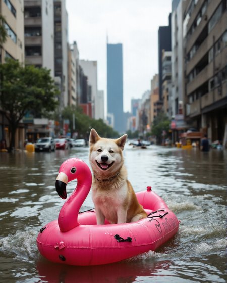Imagine an image in the style of cinematic photorealism: A joyful Akita Inu dog named Yujin, happily navigating the flooded city streets in a pink flamingo inflatable boat. Yujin is smiling contentedly as he passes by half-submerged vehicles and debris. The boat's wake creates ripples that distort the reflection of a distant, partially flooded skyscraper., <lora:flux\personas\YujinLiz.safetensors:1.0:1.0> <lora:flux\estilos\Flooded_Streets_Flux.safetensors:1.0:1.0> <lora:flux\estilos\PCB_Image_Enhancer_for_FLUX.safetensors:1.0:1.0>