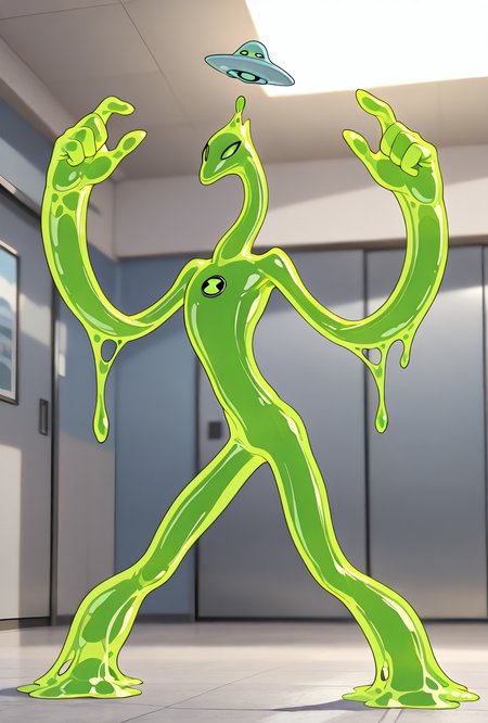 <lora:goop-09:1> goop, solo, no humans, male focus, green skin, pokemon (creature), slime (substance), translucent character, transparent skin, floating small  ufo on head, dynamic pose, stretchy limbs, green slime, massive hands, 
 <lora:elongated_pony-adafactor-8x4-4x1-cs1:1> elongated, long arms, long torso, long legs, long neck, noodling, tangled, wrapped around, masterpiece, best quality, amazing quality, very aesthetic, absurdres, newest,