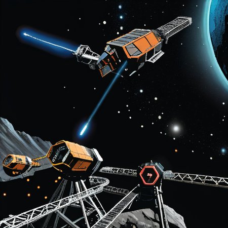 In the mining operation within Odysset's rings, massive platforms and interconnected structures sprawl across the cosmic expanse. Bright floodlights cut through the darkness, revealing workers clad in rugged space suits maneuvering among towering cranes and robotic arms. Transport vessels dart back and forth against the backdrop of the star-studded void, ferrying payloads of ore to processing facilities stationed on nearby asteroids. The scene is a symphony of activity amidst the celestial silence, with the distant glow of the planet Odysset providing a serene backdrop to the bustling industrial operation., BREAK, (sci-fi, futuristic, space, asteroid:1.3), BREAK, <lora:detailed_notrigger:1>,   <lora:Expanse_Science_Fiction_Comic_Style_SDXL:1> expnscom