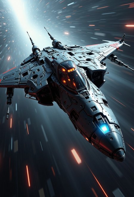in the style of ck-mgs, A digital artwork in the style of cknc, a_skynet_cyberdyne_craft, the image is featuring a futuristic, highly advanced stealth fighter flying through hyperspace. The fuselage is made of a dark gunmetal alloy and the cockpit shows glowing led lights, and has a large air intake, dutch angle, motion blur