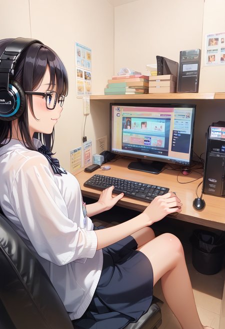 score_9, score_8_up, score_7_up, rating_safe, masterpiece, best quality, absurdres, unity 8k wallpaper, official art, official style, source_anime, uncensored, game cg, megami magazine,
1girl, glasses, solo, 
necafe, scenery, headphones, keyboard (computer), sitting, monitor, black hair, computer, mouse (computer), chair, indoors, desk
<lora:NetCafe_PONY_V1:1>