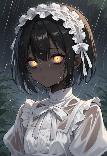 masterpiece, best quality, uncensored, source_anime, score_9, score_8_up, score_7_up, score_6_up, score_5_up, score_4_up, 1girl, solo, theprincess, dark-skinned female, very dark skin, black hair, short hair, yellow eyes, petite, flat chest, maid headdress, frilled hairband, white dress, long sleeves, capelet, white bow, glowing eyes, portrait, face focus, close-up, rain, wet, soaked, wet hair, glossy skin, shiny skin, looking at viewer <lora:ThePrincess:0.8>