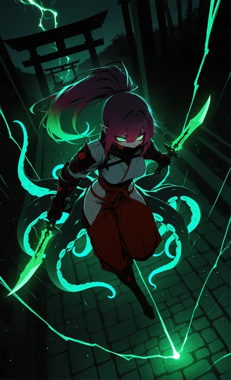 masterpiece, sharp detail, intricate detail, hair shader, 1girl, j.k., medium breasts, (dark deep purple upper hair), gradient hair, red eyeliner, (green tips), long hair, high ponytail, pointy ears, vivid green eyes, scylla, monster girl, 4 thin long purple tentacles growing from back, white ninja outfit, fishnet, gauntlets, glowing eyes, dynamic pose, dynamic angle, from above, wide shot, hakama pants, sakura print, hip vent, jumping, detailed eyes, glowing eye trail, knee boots, detailed background, intricate textures, glowing trails, holding short dagger, (black and green lightning), covered mouth, stone floor, east asian architecture, torii, partially illuminated, <lora:V2_yakumo_alchemy:0.7> glowing, glowing particles, glowing light particles, light particles, green flame, green-red theme,  chiaroscuro, volumetric lighting, dappled light, dramatic shadows, cinematic lighting, detailed background, light and shadow contrast, starry sky, glowing meteor shower,