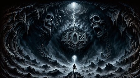 A gritty painting engraving in the style of Dan Mumford and Gustave Dore, eerie mist spells out the number "404", (text logo 404), peering down into a great dark abyss,  top down view,  uhd, 8k, intense lighting, award winning masterpiece, high contrast, (sepia toned: 0.4), extremely detailed, detailed background, cinematic, complex and multidimensional lighting,  <lora:xl_more_art-full_v1:0.6>,  <lora:add-detail-xl:0.6>, <lora:Harrlogos_v2.0:1>