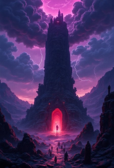 a dark, corrupted fantasy landscape, with a stone temple in the middle of a barren rocky landscape, corrupted and evil figures in robes dotted around the tower, with clouds of dark purple, dark blue and dark red swirling round a dimensional rift, forks of lightning striking down. High Detail, Perfect Composition, fantasy art poster image, dark coloured themes, interesting backlighting, high contrast