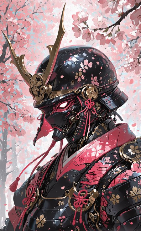 masterpiece, best quality, good quality, very awa, newest, highres, absurdres, solo, flower, armor, no humans, petals, helmet, portrait, robot, cherry blossoms, mecha, japanese armor, samurai, kabuto \(helmet\), limited palette, xxx667_illu,
15546+456868 <lora:illustriousXL_stabilizer_v1.23:0.3> <lora:NOOB_vp1_detailer_by_volnovik_v1:0.3> <lora:ponyv6_noobE11_2_adamW-000017:0.3> <lora:114558v4df2fsdf5:0.6> <lora:mon_monmon2133:0.5> <lora:-_iLL_-_the_edgy_mech_V3.0:0.7>