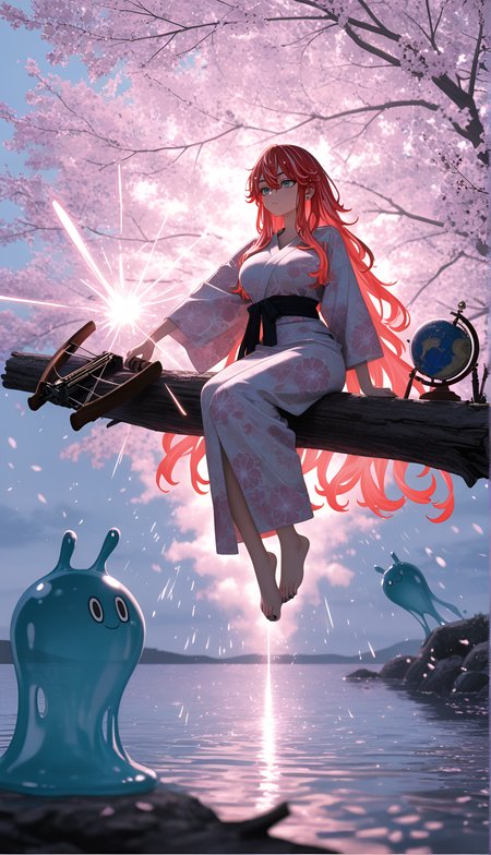 Locksmith (Magical Locks), moderate tattoos, ambient occlusion, masterpiece, Yukata with a cherry blossom pattern, best quality, Fire ombré hair, ultra-detailed, tied to show the legs., anime character, balancing on a log, 2boys, motion_blur:1.1, blurry foreground, very long hair, slime_(creature), nail_polish, 8K, very aesthetic, vhs tape aesthetic, amazing quality, motion_lines:1.1, Glistening / Dew Drops, HDR, Demonic Entity, 1girl, glow, Rapunzel-length, dusk, Yuzuha Shiba (Tokyo Revengers), depth of field, Monochromatic Theme, Diagonal view, barefoot, large breasts, human, absolutely eye-catching, tan skin, Vintage travel agency with destination posters and globe, ornate crossbow firing elemental bolts, Arms outstretched sideways, newest, absurdres