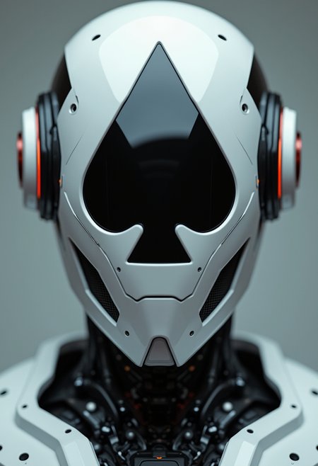 an intricate robot SG456 with a white head with a big black spade shape in the face, cinematic, cyberpunk, dynamic pose, close up, symmetrical