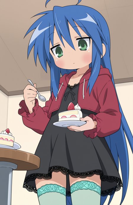 1girl, solo,
izumi konata, green eyes, blue hair, very long hair, petite, red cropped hoodie, frilled sleeves , hood down, black dress, lace-trimmed dress, aqua sheer thighhighs, grey high tops, upper body, plate, cake slice, whipped cream, strawberry, holding spoon, table, looking down, from below, content expression,
 <lora:Mitsudomoe:0.9> mitsudomoe, extremely detailed, highres, masterpiece, best quality