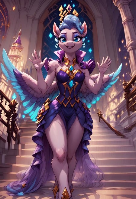 score_9, score_8_up, score_7_up, anthro,
(((Queen Haven))), pegasus, ((spread wings)),
facing viewer, front view, female focus, view from chesthight,
g5, pony, female, mare, tail, dock, solo, 1girl, highly detailed, beautiful, detailed eyes, detailed fur, beautiful eyes, (tall), ((perfect body proportions), (beautiful long legs),
small breasts, show accurate skin colour,
long hair, fluffy hair, biggest hair,
(((walking ((down)) a grand staircase))), (((waving to viewer))), ((happy, excited, smiling at viewer invitingly)),
(((wearing a beautiful, eyecoloured, bioluminescent, shoulderfree ballgown))), glowing ballgown,
BREAK,
highly detailed background, (((nighttime))), night
inside Canterlot castle, ballroom, ((grand staircase)), mirror marble floor, (((dimmed lights in the room))),