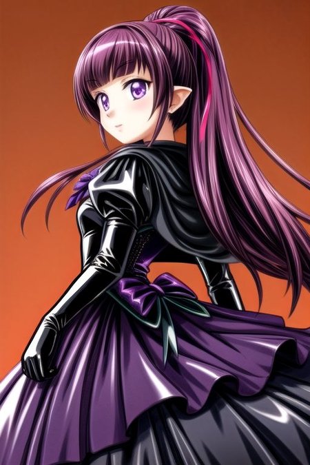 DarkPrecure, evil corrupted princess wearing dark pastel (ruffled:1) (gleaming latex:1) gown with (long latex vampire cloak:1) and latex gauntlets, soft lighting, ruffles,
(vmpr),
<lora:more_details:1>,