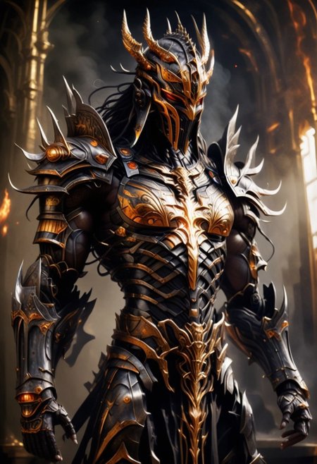 "black, and metallic outfit that appears to be made of synthetic materials. The headpiece is particularly striking, featuring a large, circular, black visor with a bright, central light, surrounded by numerous thin, illuminated rods extending outward, resembling a halo or crown. The torso and shoulders are covered in intricate, reflective patterns and textures, including small, The overall design is highly detailed, with a focus on a sleek, robotic appearance, blending elements of fashion and technology seamlessly. hyperdetailed photography, masterpiece, best quality, high quality, highres, ultra-detailed,best quality, 8K, high resolution, extreme detail, 
"A menacing armored warrior stands in a dark, mystical environment, engulfed in flowing smoke and fiery embers. The character is clad in a black and gold ornate armor, with jagged, spiked edges that resemble flames or molten metal. His body is muscular and sleek, with glowing red-orange cracks visible along the armor's surface, especially around his chest and shoulders. The centerpiece of his chest is a radiant orange gem that seems to pulse with energy. His helmet is black and seamless, covering his entire face, and crowned with sharp, golden, flame-like protrusions. The environment around him is dimly lit, with dark, swirling smoke and faint embers illuminating the warrior. The overall aesthetic is a fusion of dark fantasy and futuristic armor, with an aura of danger and immense power."