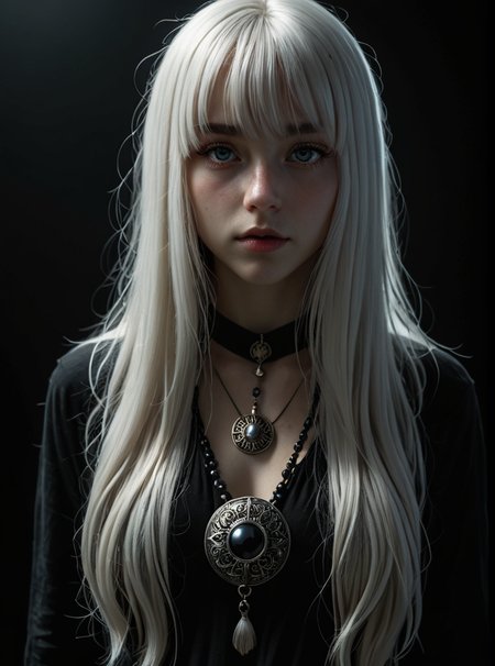 Full body portrait of girl with long white hair and bangs, a large obsidian medallion, low head, hyper detailed eyes, backlighting, shadows, very high contrast, overhead light, dark background, photo quality, 4K