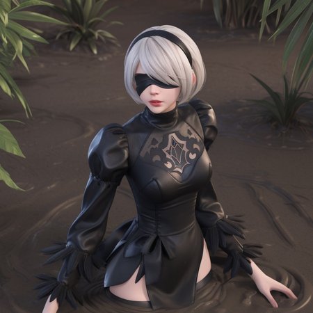 Masterpiece, best quality, 3DMM, shiny skin, 1girl, medium breasts, waist-deep, rainforest, clearing, tropical plants, 3d animation, cgi, from above, looking at the viewer, scared, :o,  partially submerged, sinking in quicksand, brown mud, hm2b, black blindfold, covered eyes, mole under mouth, clothing cutout, long sleeves, puffy sleeves, juliet sleeves, feather trim, black thighhighs, black gloves, black dress, black skirt