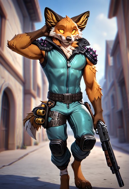 photorealism, photorealistic, chromatic aberration, depth of field, blurry background, detailed fur,   looking at viewer, dutch angle, close up,  (fennix:1.2), fortnite, male focus, solo, 1boy, holding weapon, holding shotgun, furry, anthro, clothes, colored sclera, shoulder armor, glowing eyes,   (syuro:0.8), (nomax:0.5), (honovy:0.6), (kenket:0.6), (taran fiddler:0.6), masterpiece, best quality, amazing quality, very aesthetic, absurdres, newest,   <lora:Fennix_Fortnite_Illustrious:1.0:1.0>,  front view, full-length portrait, looking at viewer, hand on head, gloom (expression)