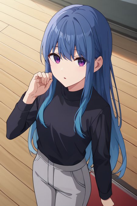 score_9, score_8_up, score_7_up, source_anime, rating_safe, intricate details, anime screencap, official style, 1girl, <lora:Shima_Rin:1>, shimarin, blue hair, purple eyes, long hair, black shirt, long sleeves, grey pants, looking at viewer, indoor, from above, hand on hair, parted lips, hand up