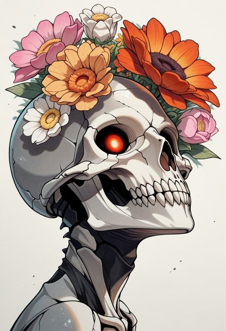 PSC0DLIK_STL, masterpiece, best quality, very aesthetic, high resolution, ultra-detailed, absurdres, newest, perfect lighting, hi res, amazing quality, very awa, psc0dlik_stl, flower, orange flower, solo, skull, no humans, pink flower, traditional media, yellow flower, white flower, red flower, bug