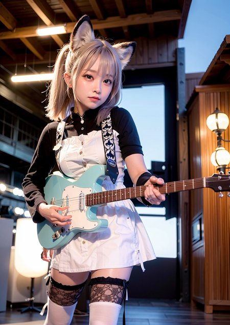 <lora:LoraLandmineGirlFashion_v20:1>,omertosa,1girl, aegyo sal,holding guitar,electric guitar , outdoors,looking up,Neck raised,looking at viewer, wolf ears, light smile, full-face-blush, gloom \(expression\), shy, black pantyhose,  <lora:koreanDollLikeness_v10:0.3>, (8k, RAW photo, best quality, masterpiece:1.2), (realistic, photo-realistic:1.37),1girl,professional lighting, photon mapping, radiosity, physically-based rendering,