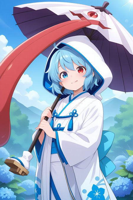 absurdres, highres, masterpiece, best quality, amazing quality, official anime artwork, screencap, anime screencap, outdoors, looking at viewer, light smile, dynamic pose,
 <lora:Kogasa-Tatara_Illustrious:1> tatara kogasa, 1girl, solo, heterochromia, red eyes, blue eyes, blue hair, short hair,, ahoge, alternate color, alternate costume, blue trim, dress, holding umbrella, hydrangea, japanese clothes, karakasa obake, kimono, lens flare, long sleeves, shiromuku, uchikake, wedding dress, white kimono, white umbrella, wide sleeves,  
:q, tongue out, open mouth, hood, white hood,