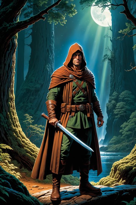 by  Brothers Hildebrandt  and  Joe Fenton  in the style of  Terry Redlin ,   high fantasy preternatural fit rogue    <lora:more_art:0.30> <lora:midjourney:-0.15> <lora:RMSDXL_Enhance:0.50> <lora:RMSDXL_Creative:0.50> <lora:RMSDXL_Photo:0.50> <lora:RMSDXL_Darkness_Cinema:0.50> <lora:clothing_slider:2.00> <lora:great_lighting:1.50> <lora:aesthetic:1.50> <lora:photorealistic_portrait:1.50> <lora:extremely_detailed:1.50> <lora:dpo:0.25> <lora:perfect_hands:0.50>