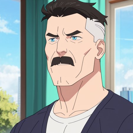 masterpiece, best quality, newest, absurdres, highres, Invincible-show-style-INVPACK.V1.0,
1boy, NOLAN-GREYSON-INVPACK.V1.0, two-tone hair, mustache, short hair, facial hair,