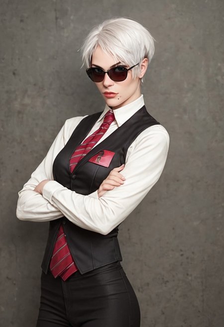 score_9, score_8_up, score_7_up, source_realistic, BREAK 1girl, solo, Strangelove, short hair, white hair, Sunglasses, mole under lips, white shirt, long sleeves, black waistcoat, red tie, black pants, crossed arms,