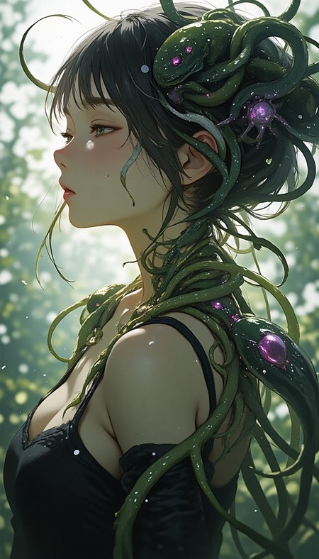 A hyper-detailed, half-body portrait of a beautiful young woman with flawless, pale skin, but her body is being grotesquely parasitized by numerous organic creatures. Slimy, translucent tendrils and pulsating alien growths cling to her neck, arms, and torso, their texture wet and glistening under the soft light. Her expression is a mix of sorrow and defiance, as though fighting against the parasitic invasion. Some of the creatures have embedded themselves into her skin, with sharp, bio-mechanical tendrils spreading through her veins, glowing faintly in sickly green and purple hues. The background is an abstract, shifting mass of colors and forms, representing the merging of her mind with the parasitic creatures. A mix of horror and elegance permeates the scene, as the womanâs beauty contrasts with the grotesque infestation covering her body