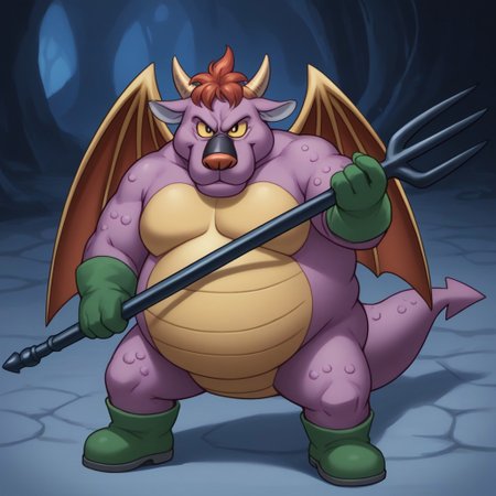 score_9,score_8_up, 2d, game, illustrated, detail face, detail eyes, detail spear, 
Archdemon Archdemon(DragonQuest), male, 4fingers:1.3, 
green gloves, green boots, wings, tail, manly cute face, fat, big belly, thick chest, fat face, 
in dark cave, at evening, 
small eyes, 
holding long spear, 
aggressive, glare at viewer, smirk,
