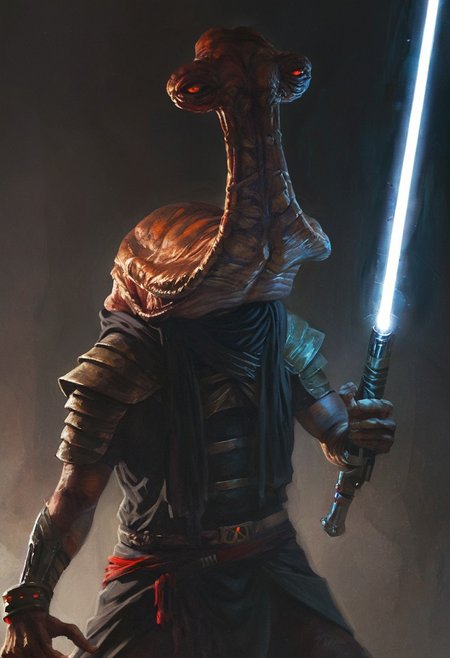 (an ithorian hammerhead alien), dynamic, moody, darkness, shadows, dark, sinister, pitch black, highly detailed, shining white armor, holding long brilliant glowing light saber, digital painting, artstation, concept art, smooth, sharp focus, illustration, art by Carne Griffiths and Wadim Kashin, dark black colors, good shadows, dim lit, devoid of color, low light, back light, hidden, obscured, black hue in hair, mirrors, prisms, reflection, refraction, prismatic, monolith, obsidian, bright red god rays, sun circle
