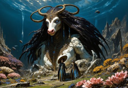 mythp0rt, ArsMJStyle, FFAIM, impressionism, style is detailed and epic, sense of scale A vibrant underwater tableau where the line between oceanic flora and Paulina Bunion, a charming young girl with a wide-brimmed hat, standing next to her extraordinary friend, Babe the Cow. Paulina's bright blue eyes sparkle with joy as she lovingly embraces Babe's massive neck with her tiny arms, her pigtails tied with matching blue ribbons bobbing in the gentle countryside breeze. Babe the Cow, a majestic creature with a heartwarming smile and twinkling eyes, towers above her, showcasing an endearing friendship that transcends species. The duo is situated in a picturesque meadow, surrounded by a quilt of lush green grass and a bouquet of vibrant wildflowers, which sway gracefully in the background. Babe's glossy black-and-white coat is adorned with a wreath of daisies, while her large, floppy ears and pink nose give her an air of whimsy. The setting sun casts a  care for all its inhabitants. The serene scene exudes a sense of pure happiness and companionship, as the unnfused kelp buds. The coral reef in the background is bustling with activity, housing a variety of marine creatures that coexist harmoniously in this peculiar yet thriving habitat.  <lora:FLUX-daubrez-DB4RZ-v2:1> DB4RZ, DB4RZ style painting