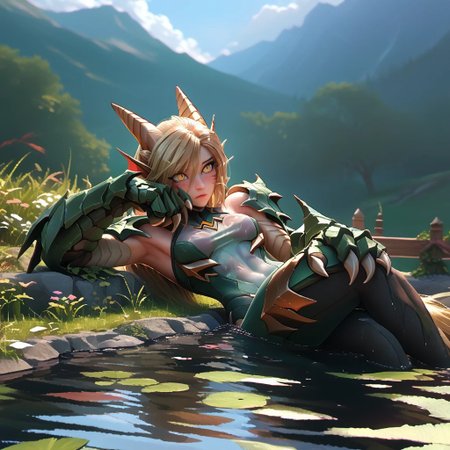 safe_pos, ((Score_9, score_8_up, score_7_up), masterpiece, perfect face, expressive eyes,(dragon girl),(full animal arms),(muscular arms:1.2),(monster arms:1.3),(big claws),shy,relaxed expression,relief,(looking away),blush,lying in a pond, blonde hair, yellow eyes,(long tail),(slender figure),(tight clothes:1.1),forest and mountains scenery,pond,(close-up),relaxing,(soaking wet,wet clothes,wet skin,dripping water),bathing in a pond,hot water,steam