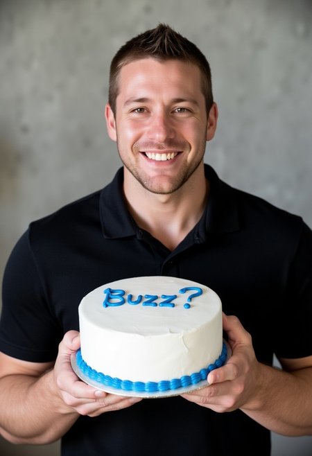 Portrait of a middle-aged man, light-skinned, holding a celebratory cake.  Friendly and joyful expression, smiling broadly.  Casual, black collared shirt,  medium build.  Man holds a round white cake with a blue icing that reads "Buzz?!"  in a stylized font.  A white cake base, topped with a thin blue icing trim around the base of the cake. A neutral gray textured backdrop.  Natural, indoor lighting, soft and well-distributed, creating clear, defined images.  Composition is centered, close-up view.  Portrait style.  Casual, celebratory tone, joyful atmosphere.