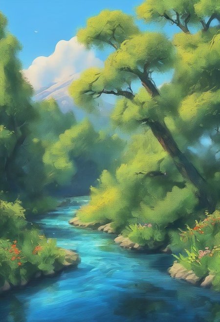 sem_young_illustration,bright colorful landscape , bubbling river, bright flowers, sky, Caucasian mountains, thick tree, trending on artstation, sharp focus, complex details, high detail