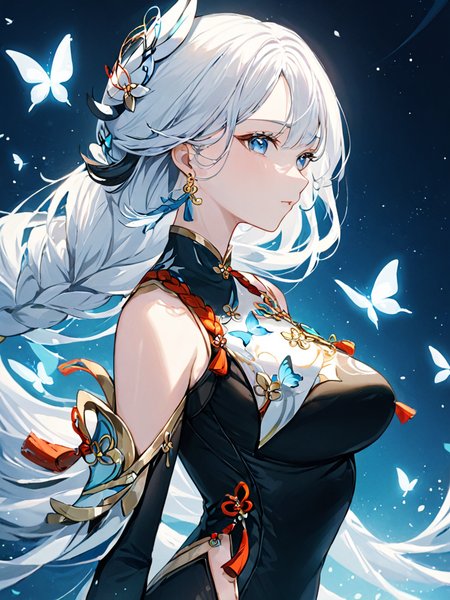 ultra-detailed,(best quality),((masterpiece)),(highres),original,extremely,<lora:shenhe2_xl:1>,shenhe,1girl,solo,long hair,breast curtain,braid,breasts,blue eyes,looking at viewer,flower,white hair,hair ornament,upper body,butterfly,tassel,bug,braided ponytail,bodysuit,signature,jewelry,shoulder cutout,bangs,,earrings,very long hair,gold trim,closed mouth,tassel earrings,artist name,black bodysuit,bare shoulders,cropped torso,clothing cutout,from side,
