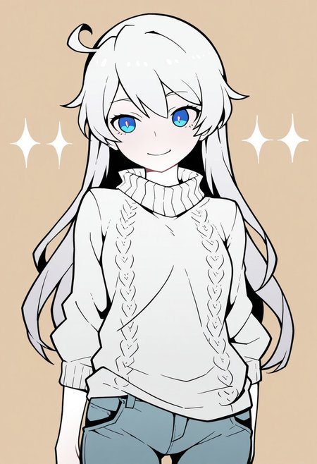 masterpiece,best quality,amazing quality, very aesthetic,kiana kaslana,white hair,solo,add detailed eyes,blue eyes,dressed,happy,long hair,roll-up sweater,jeans,AkablStyle, AkablStyle, flat_color